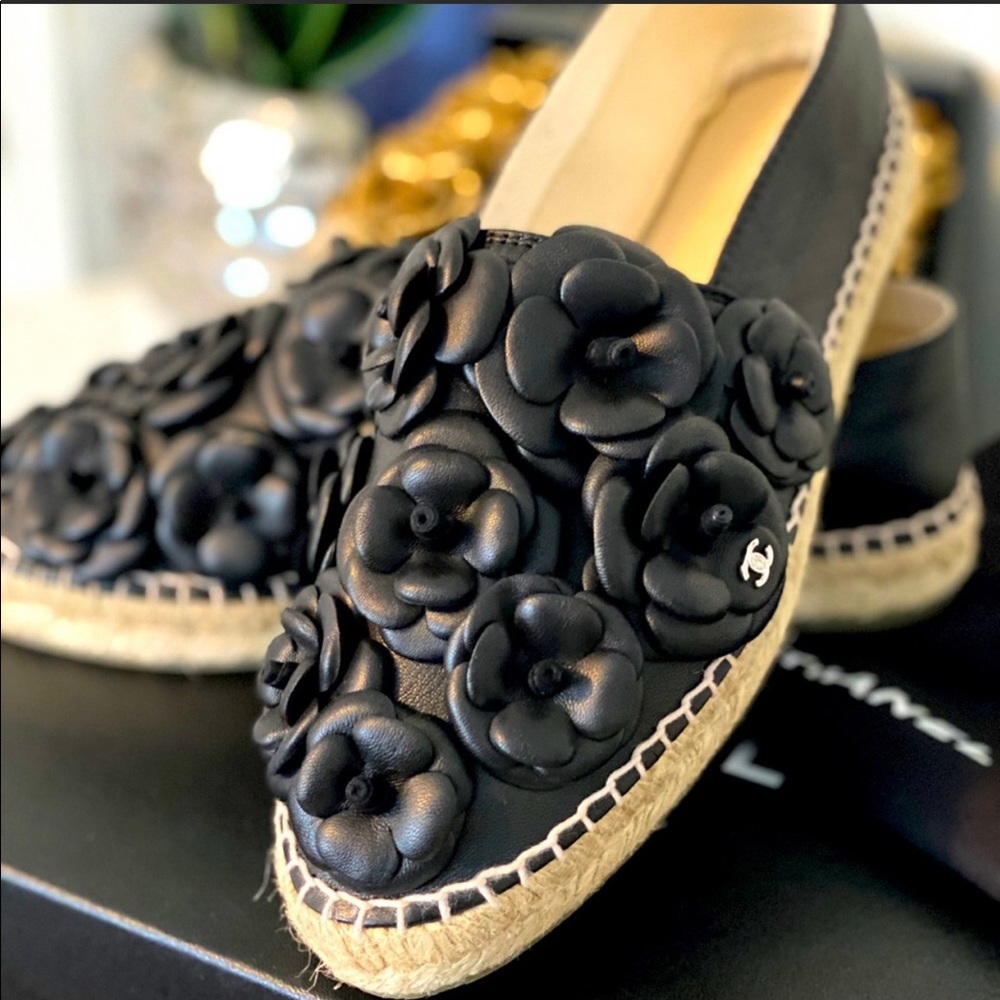 Chanel Black Leather Camellia Espadrilles Size 40